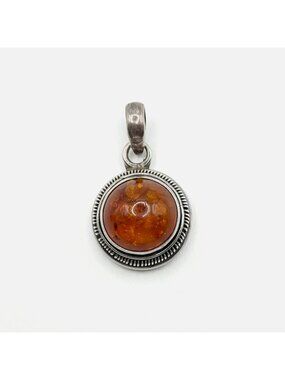925 Sterling Silver Amber Pendant With Round Cabochon Gemstone